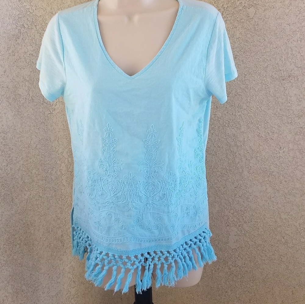 Chico's short sleeve vneck fringe blouse sz 0